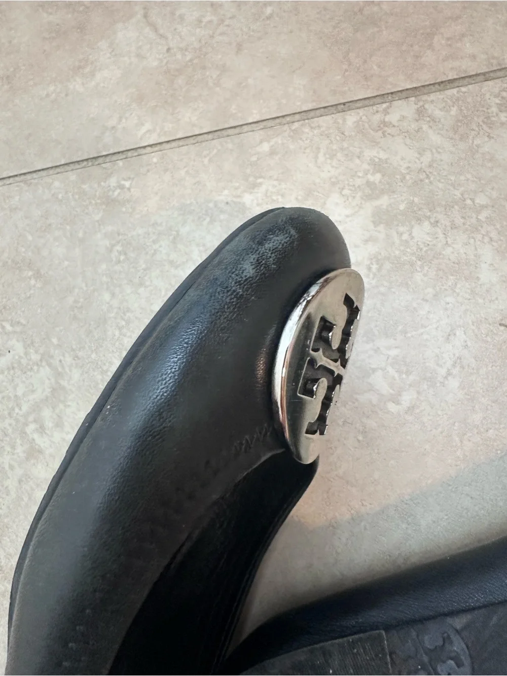 Tory Burch Black Leather Logo Cap-Toe Ballet Flats